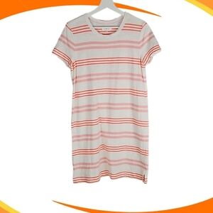 Linen Blend Striped T-Shirt Dress in White & Orange Stripes